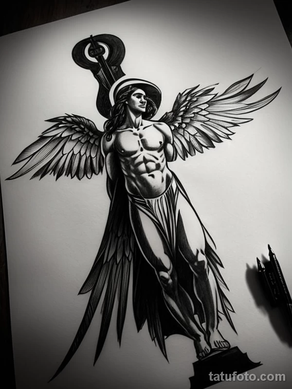 Эскизы тату Архангел Гавриил redraw tattoo sketches on a white sheet into a sketchy Archangel Gabriel tattoo sketch, with rough, unfinished lines, quick penc tatufoto.com 773