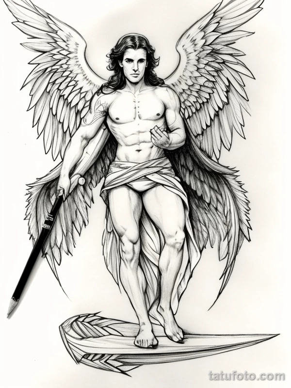 Эскизы тату Архангел Гавриил redraw tattoo sketches on a white sheet into a sketchy Archangel Gabriel tattoo sketch, with rough, unfinished lines, quick penc tatufoto.com 923