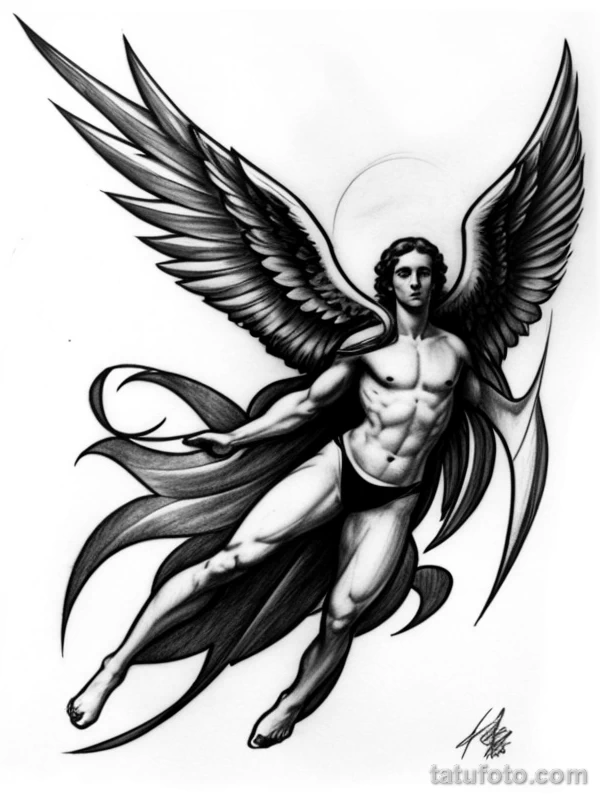 Эскизы тату Архангел Гавриил redraw tattoo sketches on a white sheet into a sketchy Archangel Gabriel tattoo sketch, with rough, unfinished lines, quick penc tatufoto.com 973