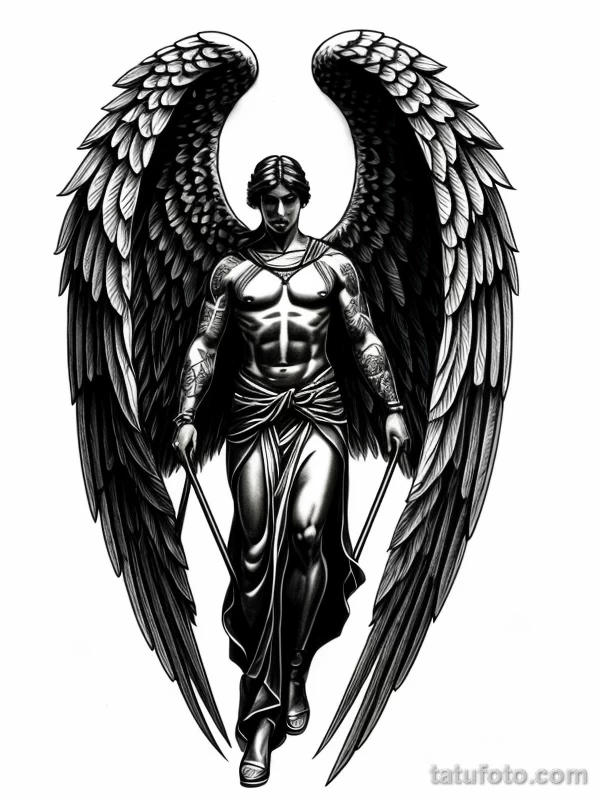 Эскизы тату Архангел Гавриил redraw tattoo sketches on a white sheet into a soft, grayscale Archangel Gabriel tattoo sketch, with fine lines and smooth shadi tatufoto.com 039