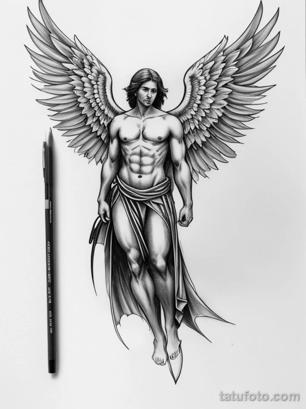 Эскизы тату Архангел Гавриил redraw tattoo sketches on a white sheet into a soft, grayscale Archangel Gabriel tattoo sketch, with fine lines and smooth shadi tatufoto.com 393