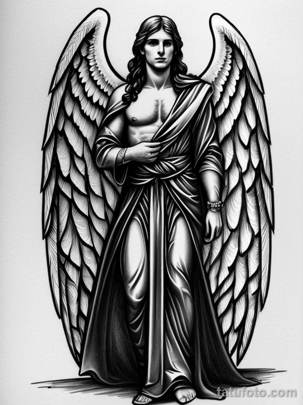 Эскизы тату Архангел Гавриил redraw tattoo sketches on a white sheet into a soft, grayscale Archangel Gabriel tattoo sketch, with fine lines and smooth shadi tatufoto.com 468