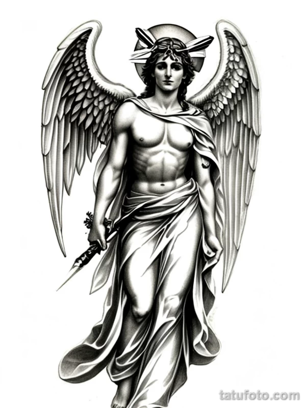 Эскизы тату Архангел Гавриил redraw tattoo sketches on a white sheet into a soft pastel Archangel Gabriel tattoo sketch, with light colors, smooth transition tatufoto.com 055