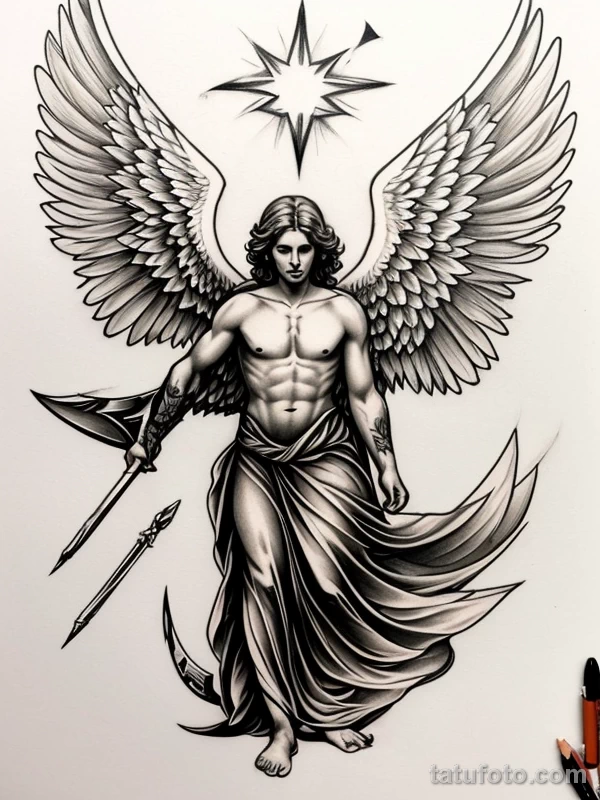 Эскизы тату Архангел Гавриил redraw tattoo sketches on a white sheet into a soft pastel Archangel Gabriel tattoo sketch, with light colors, smooth transition tatufoto.com 313