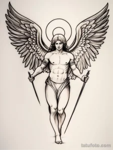 Черно-белый эскиз татуировки ангела с копьем в руке и нимбом над головой. Подходит для тех, кто ищет классический и символичный рисунок.