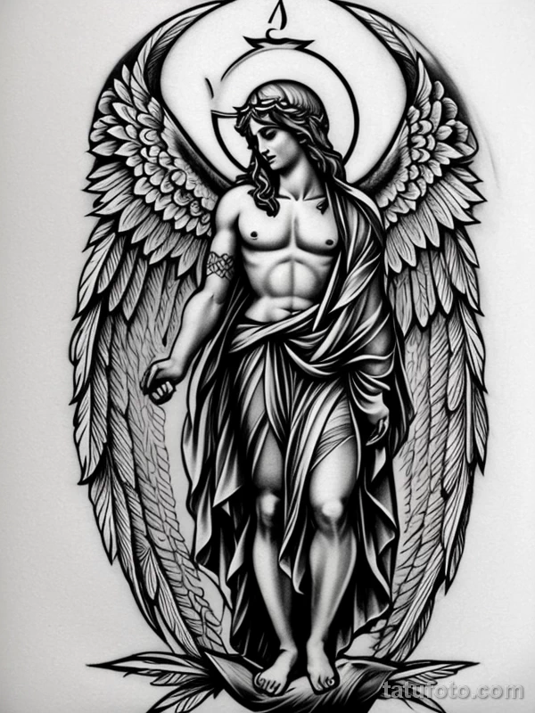 Эскизы тату Архангел Гавриил redraw tattoo sketches on a white sheet into a soft pastel Archangel Gabriel tattoo sketch, with light colors, smooth transition tatufoto.com 463
