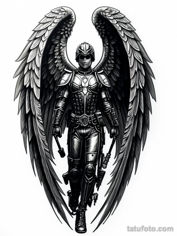 Эскизы тату Архангел Гавриил redraw tattoo sketches on a white sheet into a steampunk Archangel Gabriel tattoo sketch, with gear and machinery details, metal tatufoto.com 006