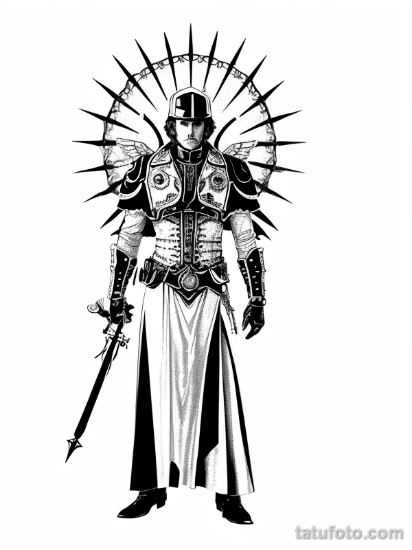 Эскизы тату Архангел Гавриил redraw tattoo sketches on a white sheet into a steampunk Archangel Gabriel tattoo sketch, with gear and machinery details, metal tatufoto.com 056