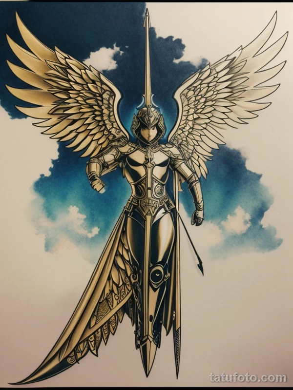 Эскизы тату Архангел Гавриил redraw tattoo sketches on a white sheet into a steampunk Archangel Gabriel tattoo sketch, with gear and machinery details, metal tatufoto.com 067
