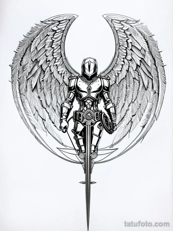 Эскизы тату Архангел Гавриил redraw tattoo sketches on a white sheet into a steampunk Archangel Gabriel tattoo sketch, with gear and machinery details, metal tatufoto.com 227