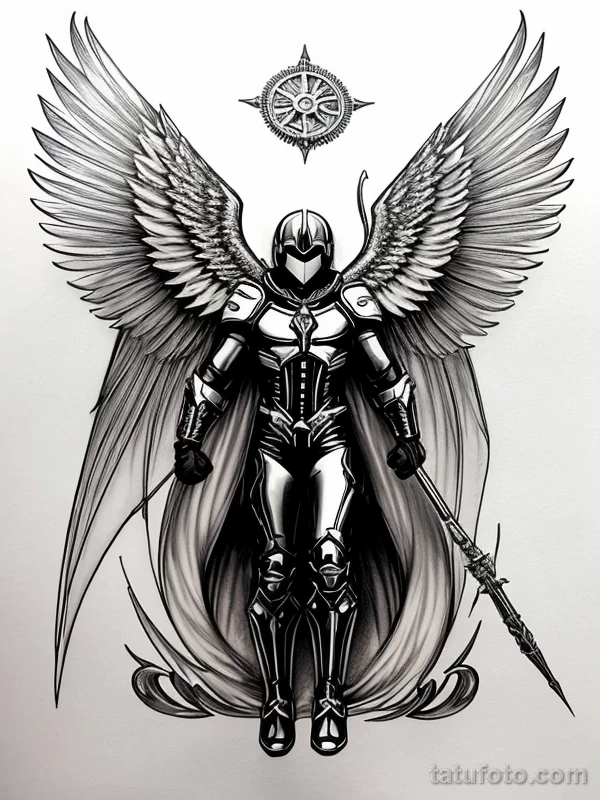 Эскизы тату Архангел Гавриил redraw tattoo sketches on a white sheet into a steampunk Archangel Gabriel tattoo sketch, with gear and machinery details, metal tatufoto.com 302