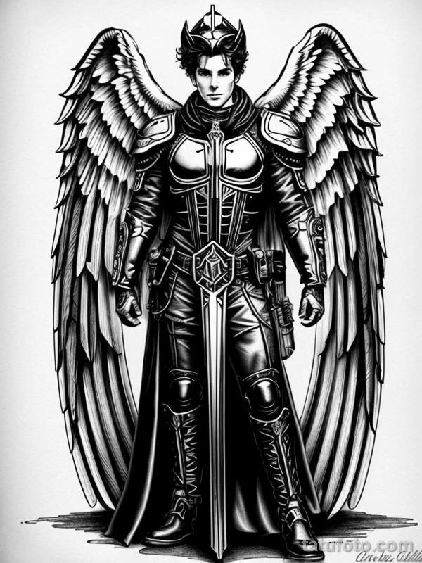Эскизы тату Архангел Гавриил redraw tattoo sketches on a white sheet into a steampunk Archangel Gabriel tattoo sketch, with gear and machinery details, metal tatufoto.com 452