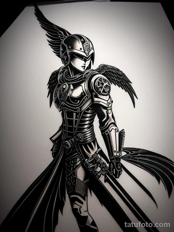 Эскизы тату Архангел Гавриил redraw tattoo sketches on a white sheet into a steampunk Archangel Gabriel tattoo sketch, with gear and machinery details, metal tatufoto.com 752