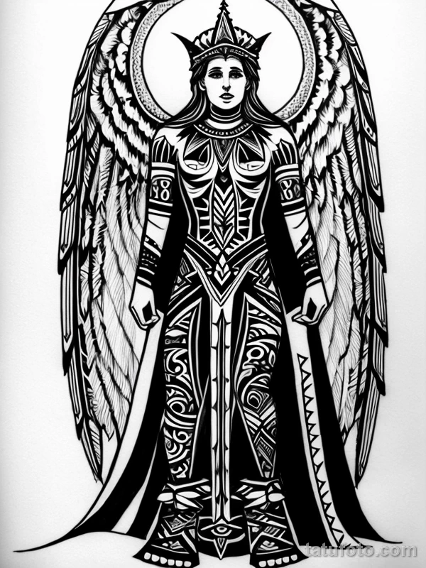 Эскизы тату Архангел Гавриил redraw tattoo sketches on a white sheet into a tribal Archangel Gabriel tattoo sketch, with bold black lines, intricate tribal p tatufoto.com 457