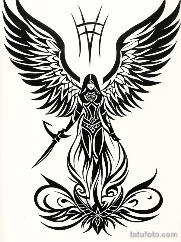 Эскизы тату Архангел Гавриил redraw tattoo sketches on a white sheet into a tribal Archangel Gabriel tattoo sketch, with bold black lines, intricate tribal p tatufoto.com 682