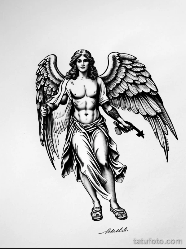Эскизы тату Архангел Гавриил redraw tattoo sketches on a white sheet into a vintage Archangel Gabriel tattoo sketch, with cross-hatching, detailed line work, tatufoto.com 205