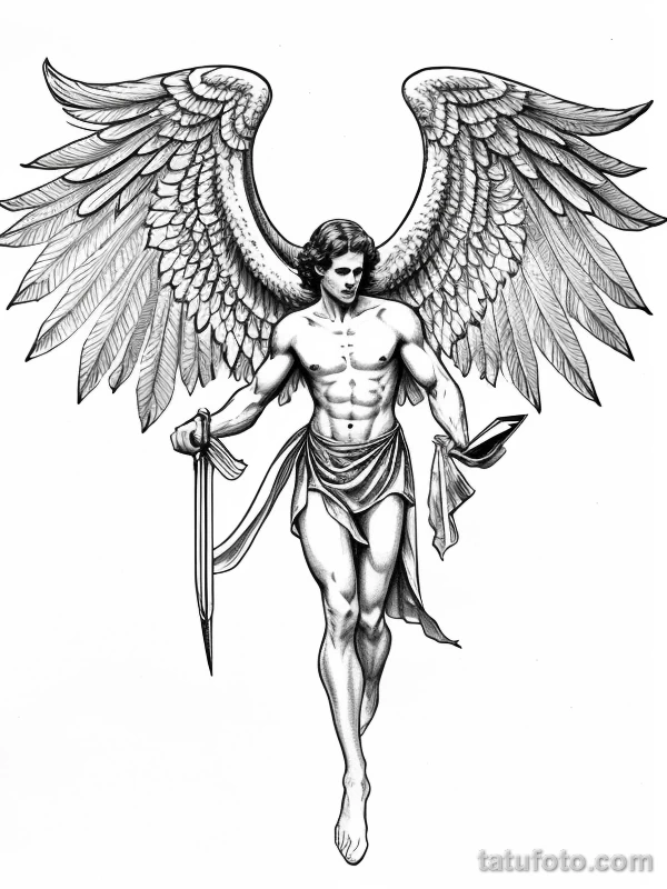 Эскизы тату Архангел Гавриил redraw tattoo sketches on a white sheet into a vintage Archangel Gabriel tattoo sketch, with cross-hatching, detailed line work, tatufoto.com 230