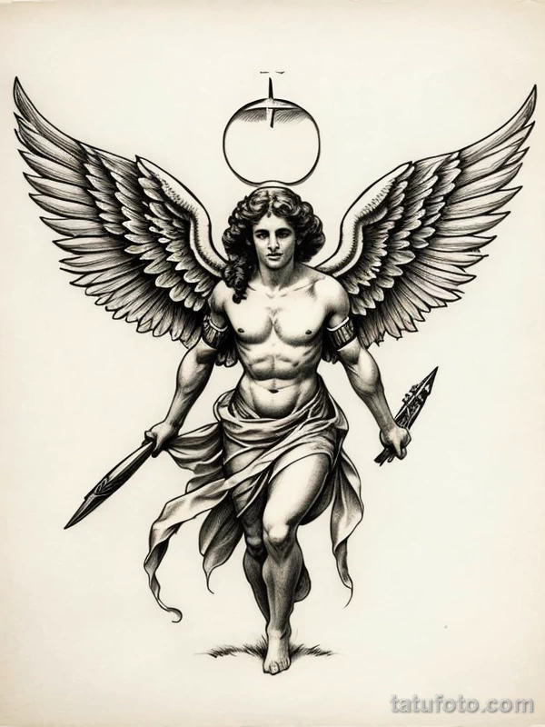 Эскизы тату Архангел Гавриил redraw tattoo sketches on a white sheet into a vintage Archangel Gabriel tattoo sketch, with cross-hatching, detailed line work, tatufoto.com 280
