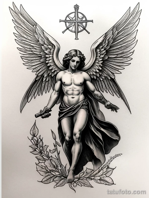Эскизы тату Архангел Гавриил redraw tattoo sketches on a white sheet into a vintage Archangel Gabriel tattoo sketch, with cross-hatching, detailed line work, tatufoto.com 305