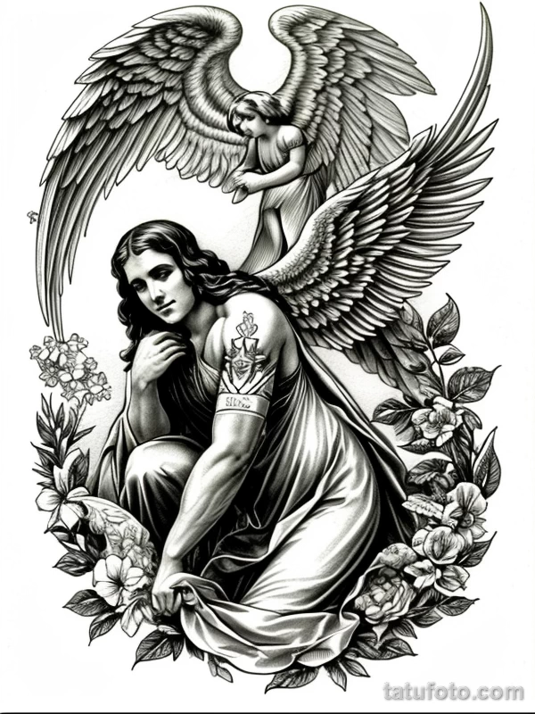 Эскизы тату Архангел Гавриил redraw tattoo sketches on a white sheet into a vintage Archangel Gabriel tattoo sketch, with cross-hatching, detailed line work, tatufoto.com 480