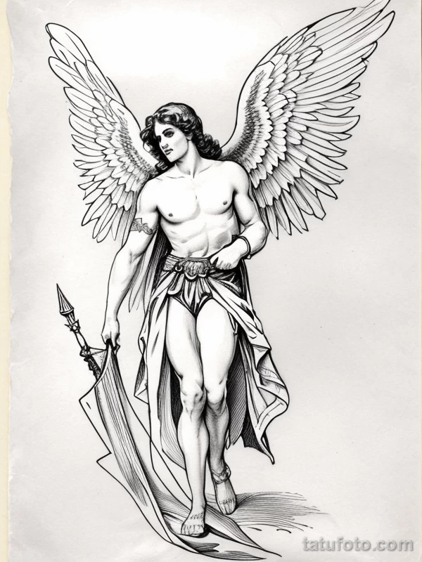 Эскизы тату Архангел Гавриил redraw tattoo sketches on a white sheet into a vintage Archangel Gabriel tattoo sketch, with cross-hatching, detailed line work, tatufoto.com 855