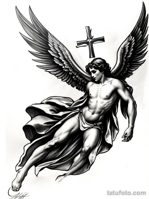 Эскизы тату Архангел Гавриил redraw tattoo sketches on a white sheet into a vintage Archangel Gabriel tattoo sketch, with cross-hatching, detailed line work, tatufoto.com 955