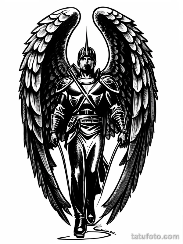 Эскизы тату Архангел Гавриил redraw tattoo sketches on a white sheet into a vintage comic-style Archangel Gabriel tattoo sketch, with dotted shading, bold ou tatufoto.com 010