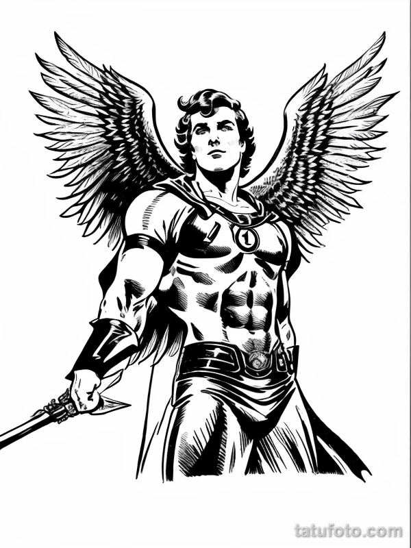 Эскизы тату Архангел Гавриил redraw tattoo sketches on a white sheet into a vintage comic-style Archangel Gabriel tattoo sketch, with dotted shading, bold ou tatufoto.com 126