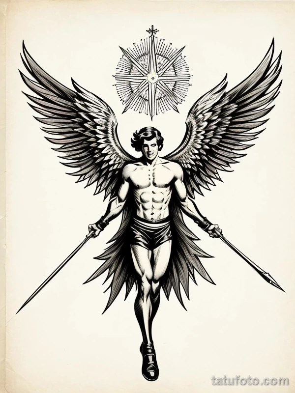 Эскизы тату Архангел Гавриил redraw tattoo sketches on a white sheet into a vintage comic-style Archangel Gabriel tattoo sketch, with dotted shading, bold ou tatufoto.com 275
