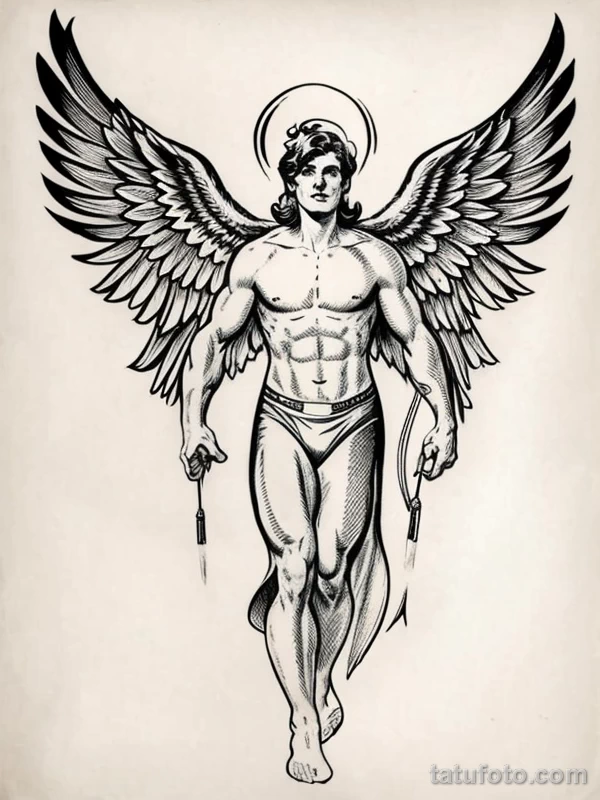 Эскизы тату Архангел Гавриил redraw tattoo sketches on a white sheet into a vintage comic-style Archangel Gabriel tattoo sketch, with dotted shading, bold ou tatufoto.com 325