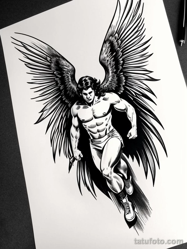 Эскизы тату Архангел Гавриил redraw tattoo sketches on a white sheet into a vintage comic-style Archangel Gabriel tattoo sketch, with dotted shading, bold ou tatufoto.com 650
