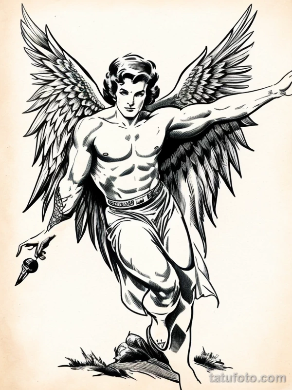 Эскизы тату Архангел Гавриил redraw tattoo sketches on a white sheet into a vintage comic-style Archangel Gabriel tattoo sketch, with dotted shading, bold ou tatufoto.com 900