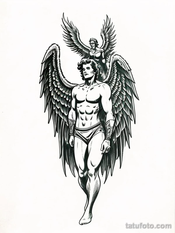 Эскизы тату Архангел Гавриил redraw tattoo sketches on a white sheet into a vintage comic-style Archangel Gabriel tattoo sketch, with dotted shading, bold ou tatufoto.com 925