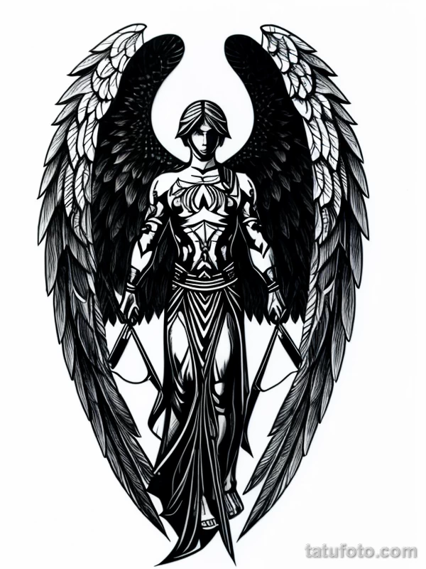 Эскизы тату Архангел Гавриил redraw tattoo sketches on a white sheet into an abstract Archangel Gabriel tattoo sketch, with sharp angles, geometric patterns, tatufoto.com 014