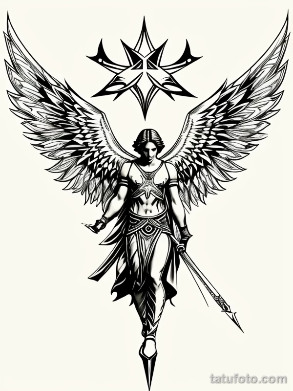 Эскизы тату Архангел Гавриил redraw tattoo sketches on a white sheet into an abstract Archangel Gabriel tattoo sketch, with sharp angles, geometric patterns, tatufoto.com 278