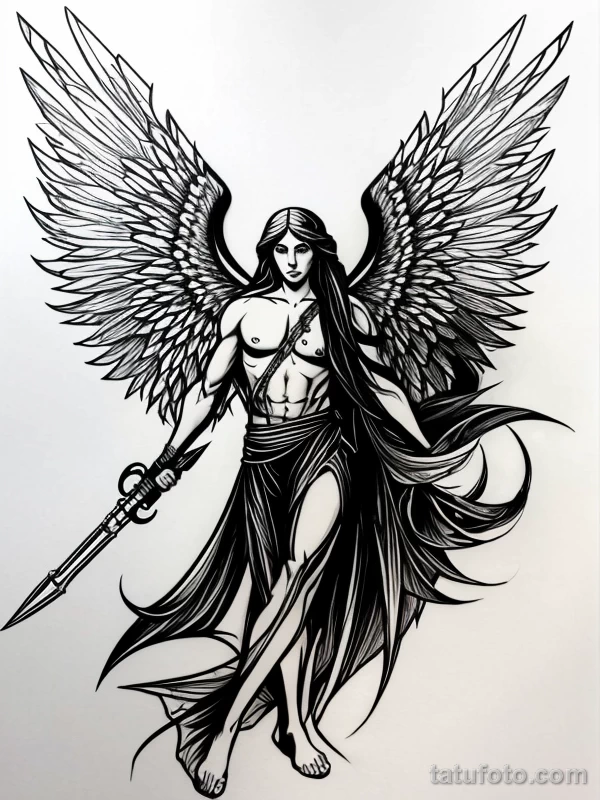 Эскизы тату Архангел Гавриил redraw tattoo sketches on a white sheet into an abstract Archangel Gabriel tattoo sketch, with sharp angles, geometric patterns, tatufoto.com 303