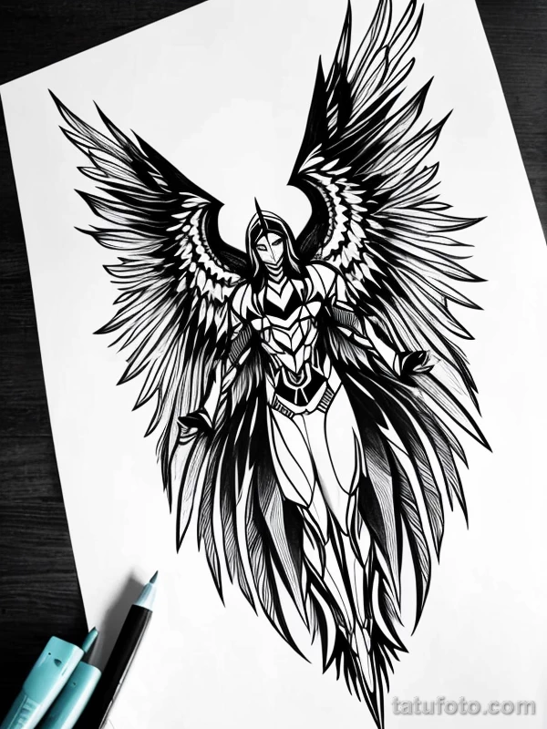 Эскизы тату Архангел Гавриил redraw tattoo sketches on a white sheet into an abstract Archangel Gabriel tattoo sketch, with sharp angles, geometric patterns, tatufoto.com 653