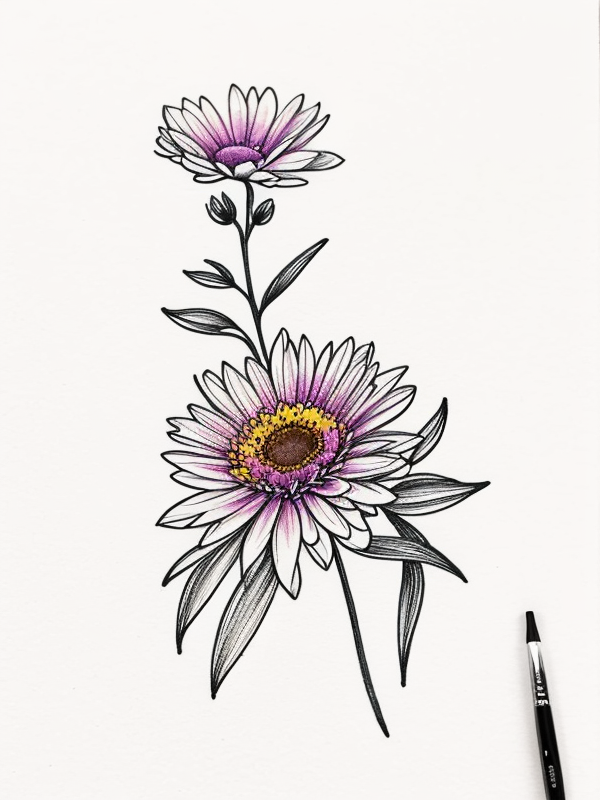 Эскизы татуировки Астра - Astra Tattoo Sketches redraw tattoo sketches on a white sheet into a colorful aster tattoo sketch, using vibrant colors with a watercolor effect, deta tatufoto.com 059