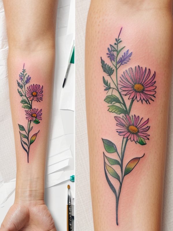 Эскизы татуировки Астра - Astra Tattoo Sketches redraw tattoo sketches on a white sheet into a colorful aster tattoo sketch, using vibrant colors with a watercolor effect, deta tatufoto.com 127