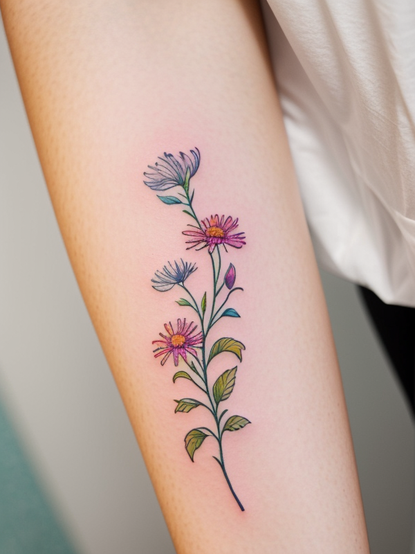 Эскизы татуировки Астра - Astra Tattoo Sketches redraw tattoo sketches on a white sheet into a colorful aster tattoo sketch, using vibrant colors with a watercolor effect, deta tatufoto.com 275