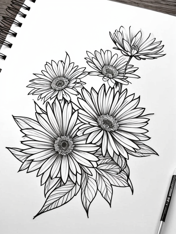 Эскизы татуировки Астра - Astra Tattoo Sketches redraw tattoo sketches on a white sheet into a colorful aster tattoo sketch, using vibrant colors with a watercolor effect, deta tatufoto.com 278
