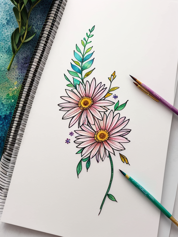 Эскизы татуировки Астра - Astra Tattoo Sketches redraw tattoo sketches on a white sheet into a colorful aster tattoo sketch, using vibrant colors with a watercolor effect, deta tatufoto.com 287