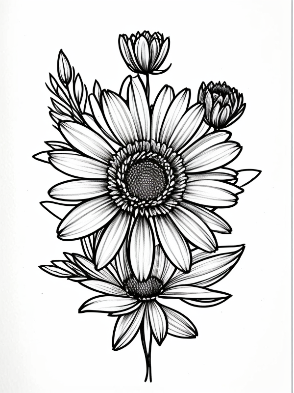 Эскизы татуировки Астра - Astra Tattoo Sketches redraw tattoo sketches on a white sheet into a colorful aster tattoo sketch, using vibrant colors with a watercolor effect, deta tatufoto.com 336