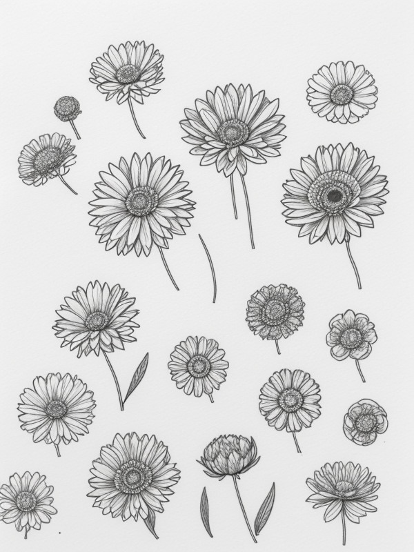 Эскизы татуировки Астра - Astra Tattoo Sketches redraw tattoo sketches on a white sheet into a soft, grayscale aster tattoo sketch, with fine lines and smooth shading, subtle d tatufoto.com 202