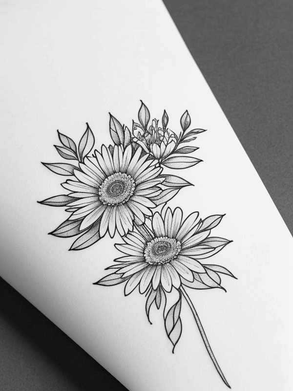 Эскизы татуировки Астра - Astra Tattoo Sketches redraw tattoo sketches on a white sheet into a vintage aster tattoo sketch, with cross-hatching, detailed line work, slightly fa tatufoto.com 309