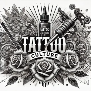 Черно-белый эскиз татуировки с изображением роз, тату-машинок, надписи "TATTOO CULTURE" и других символов тату-культуры. Стиль напоминает традиционную американскую татуировку.