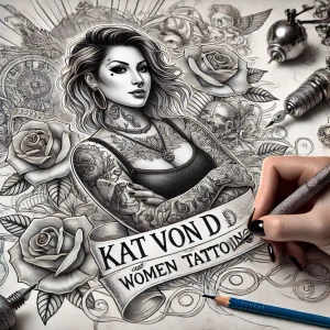 Черно-белый эскиз татуировки с изображением Kat Von D, окруженной розами, тату-машинками и другими символами тату-культуры.