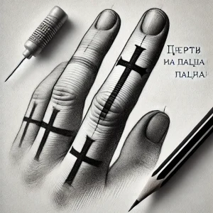 Фото тату креста на пальце, выполненного в графическом стиле. Рисунок татуировки с изображением креста и шприца, символизирующего борьбу и искупление.