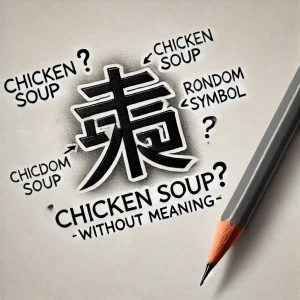 Фото тату с китайским иероглифом, окруженным надписями "Chicken Soup" и вопросительными знаками. Черно-белый рисунок, выполненный карандашом. Символизирует абсурд и юмор.