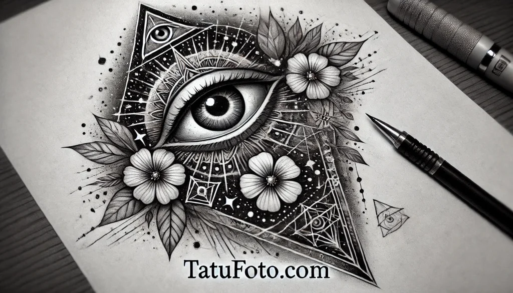 снится татуировка - A pencil sketch tattoo design depicting a mystical eye at the center, surrounded by intricate geometric patterns, flowers, and lines resembling a star tatufoto.com 013